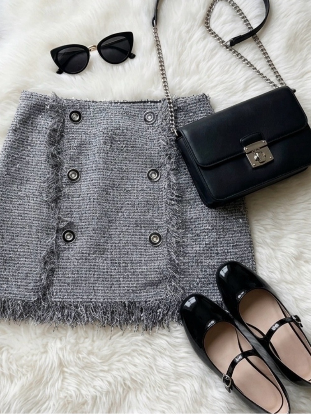 Silver Tweed Metallic Fringe Skirt